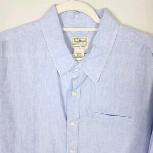 LL Bean Slightly Fitted Linen Shirt Mens XL Tall Light Blue Short Sleeve Casual